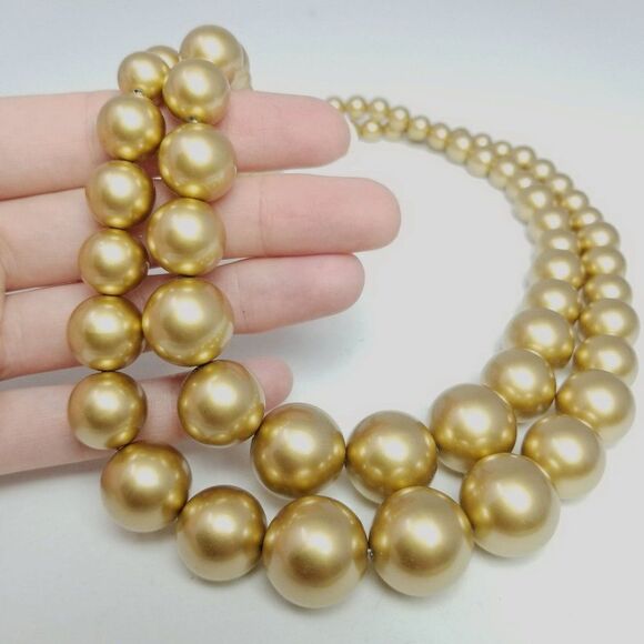 Vintage Two Strand Gold Tone Beaded Necklace, Graduated Size, Retro 60s Style - Picture 2 of 4